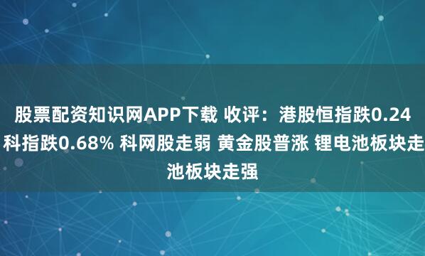 股票配资知识网APP下载 收评：港股恒指跌0.24% 科指跌0.68% 科网股走弱 黄金股普涨 锂电池板块走强